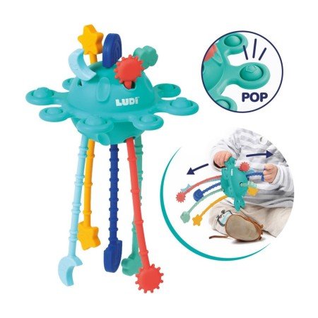 Ludi Brinquedo de puxar - estimulação com tentáculos esticados e um diagrama circular mostrando um bebé a puxar as cordas.