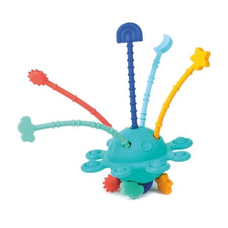 Ludi Brinquedo de puxar - estimulação em forma de polvo verde-água com tentáculos de silicone coloridos e texturizados esticados.