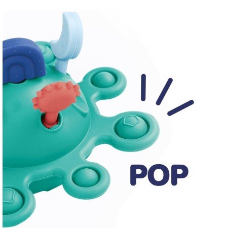 Detalhe do Ludi Brinquedo de puxar - estimulação, mostrando as bolhas "pop" na base e a indicação sonora "POP".