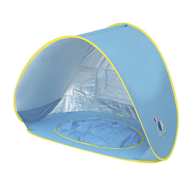 Olmitos Tenda Piscina Pop Up em vista frontal e lateral, mostrando a sua estrutura aberta e a piscina interior.