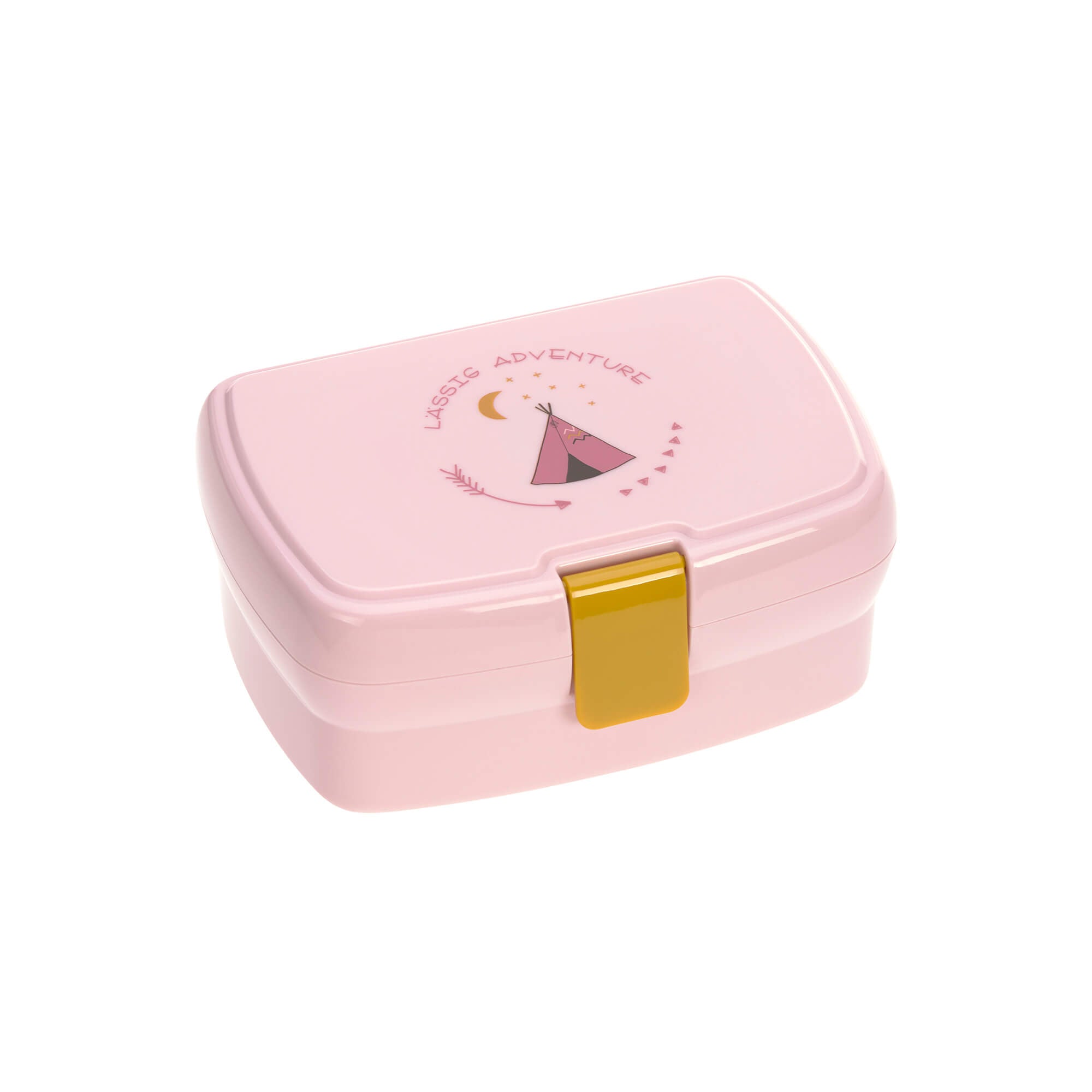 Lancheira Lassig Lunchbox Adventure Tipi Rosa fechada, exibindo o design tipi e o fecho dourado.