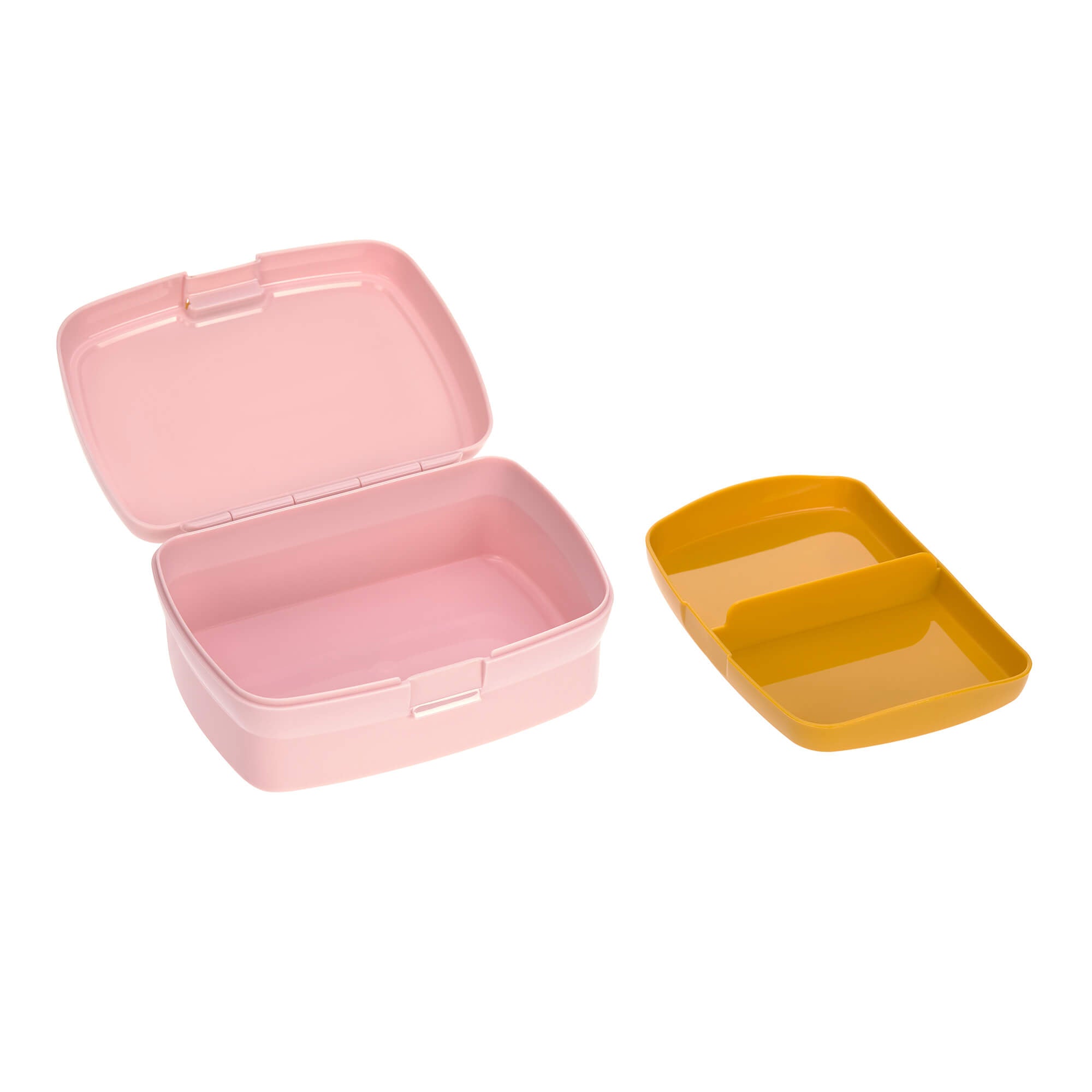 Lancheira Lassig Lunchbox Adventure Tipi Rosa com a bandeja amovível verde-oliva separada, destacando os compartimentos.