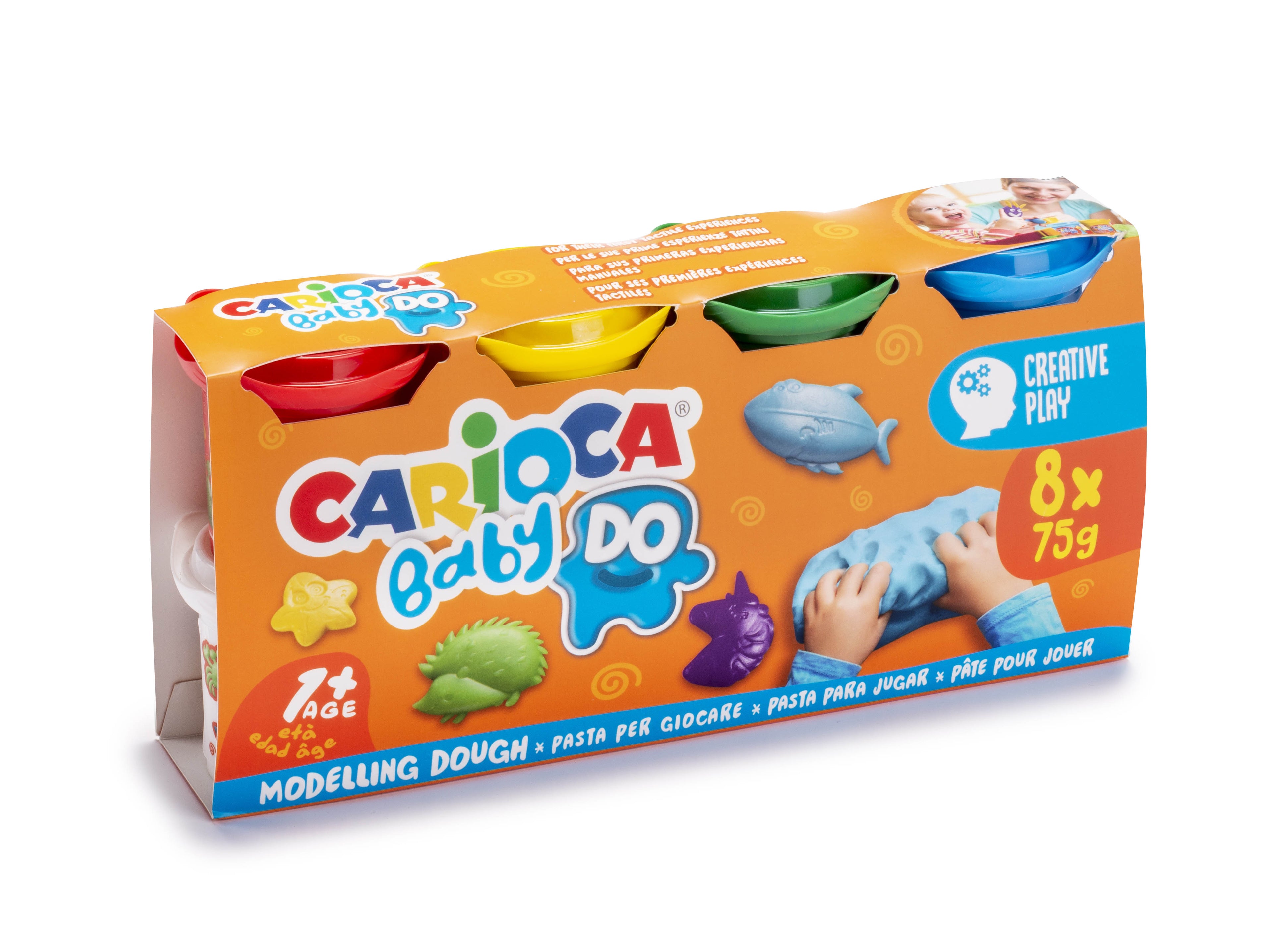 Conjunto de plasticina Carioca Baby Dough com 8 potes de 75g em cores variadas e moldes de animais para crianças a partir de 1 ano.
