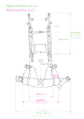 Diagrama de ajustes da Mochila Isara THE One Ajustável MISTY LINEN para diferentes tamanhos de crianças.