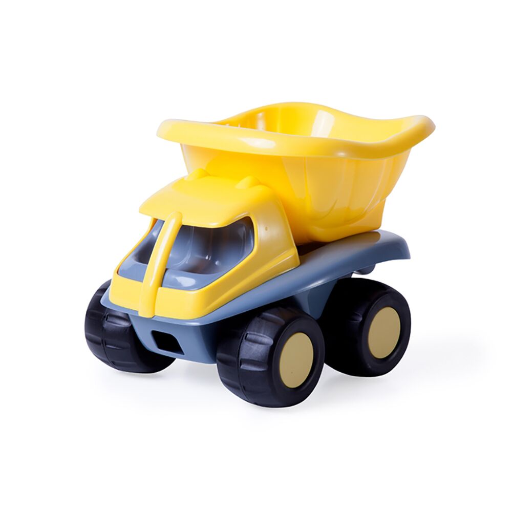 Camião de brincar Miniland Amarelo com base cinzenta e rodas pretas, visto de frente e ligeiramente de lado, em fundo branco.