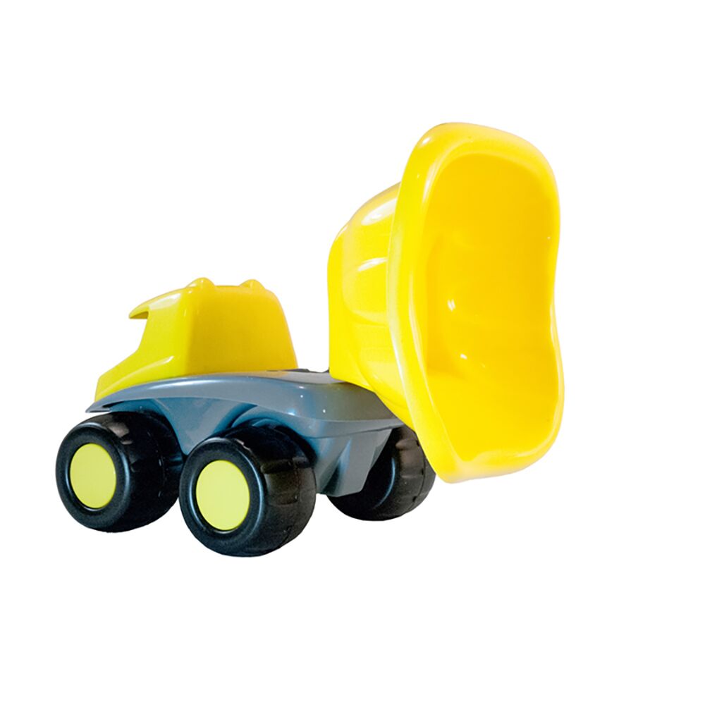 Camião de brincar Miniland Amarelo com a caixa basculante levantada, mostrando a funcionalidade articulada, em fundo branco.