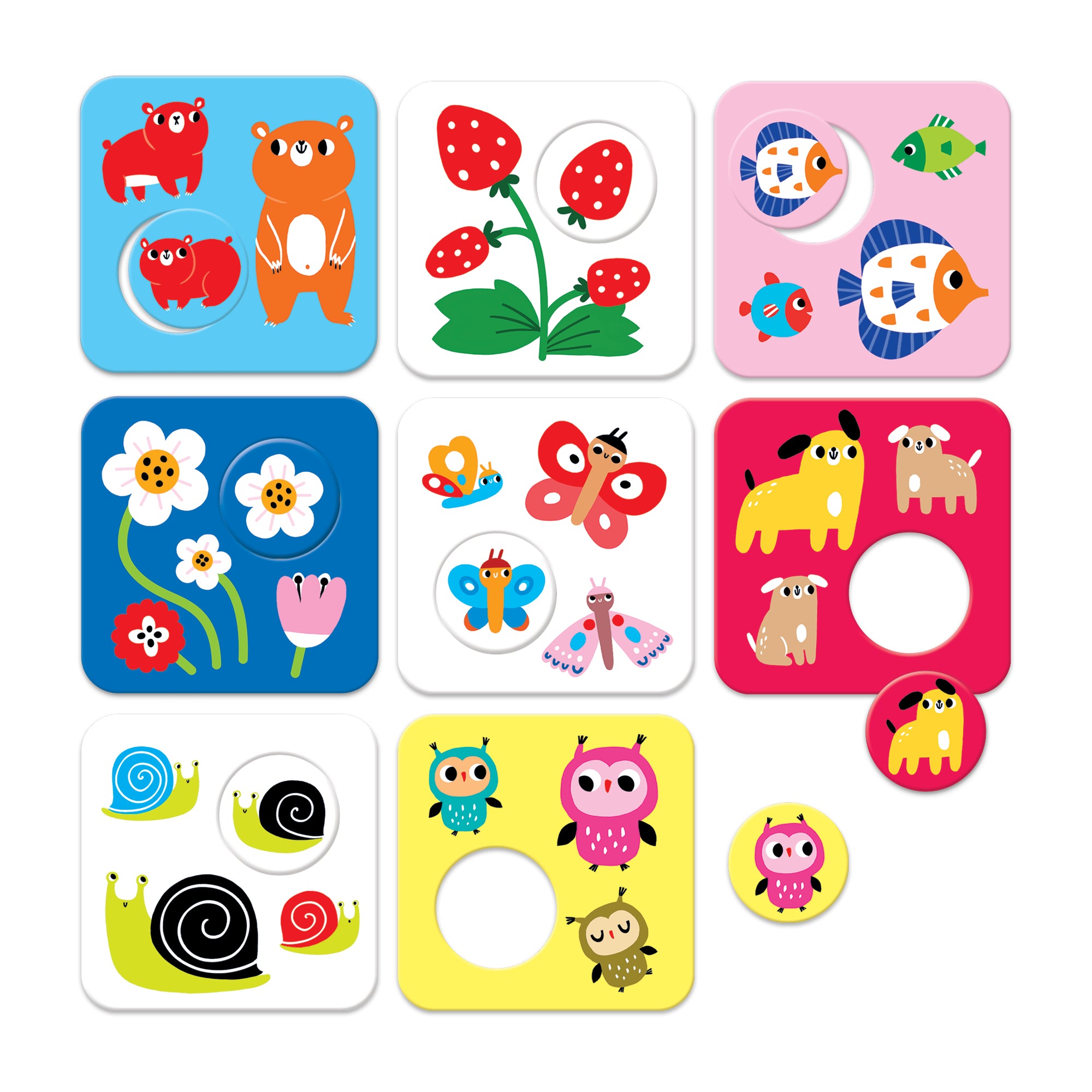 Conjunto de 8 puzzles Banana Panda de alto contraste, com temas como cães, caracóis, corujas e flores, mostrando as peças.