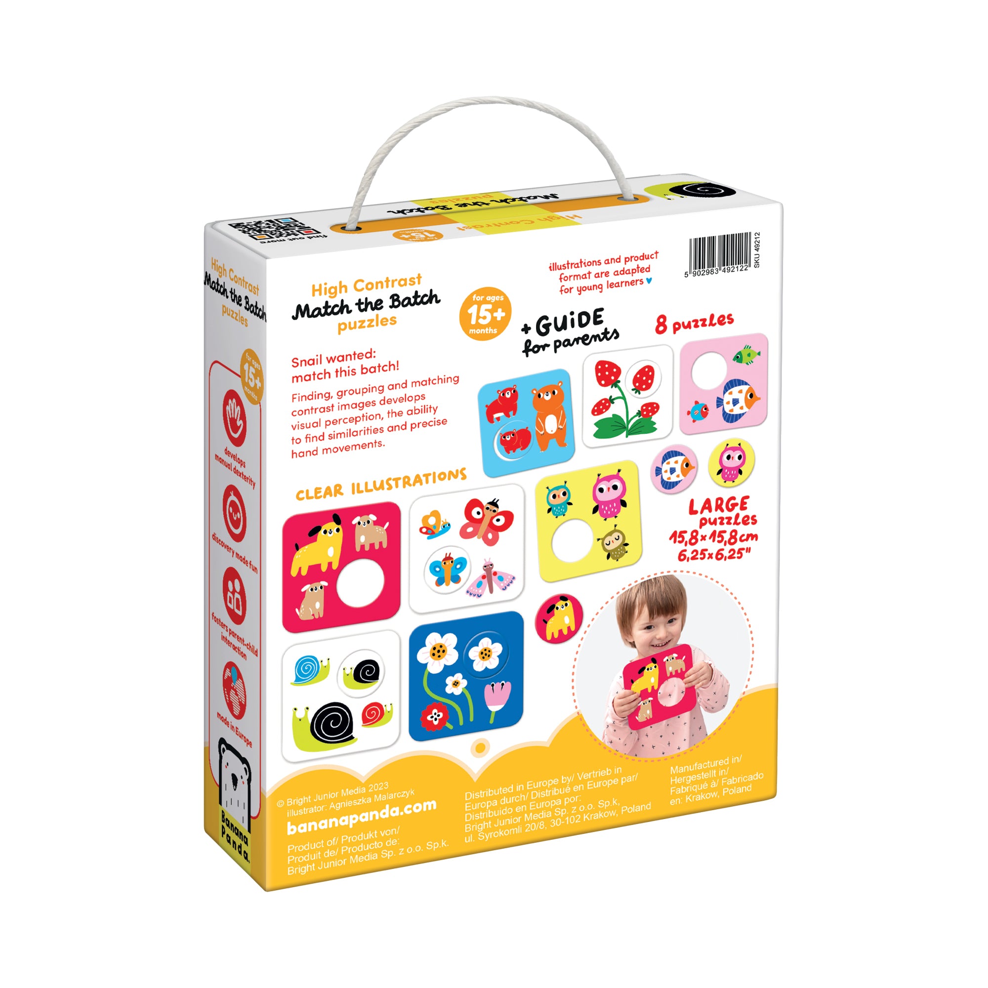 Parte traseira da caixa dos puzzles Banana Panda, destacando benefícios de desenvolvimento e dimensões das peças.