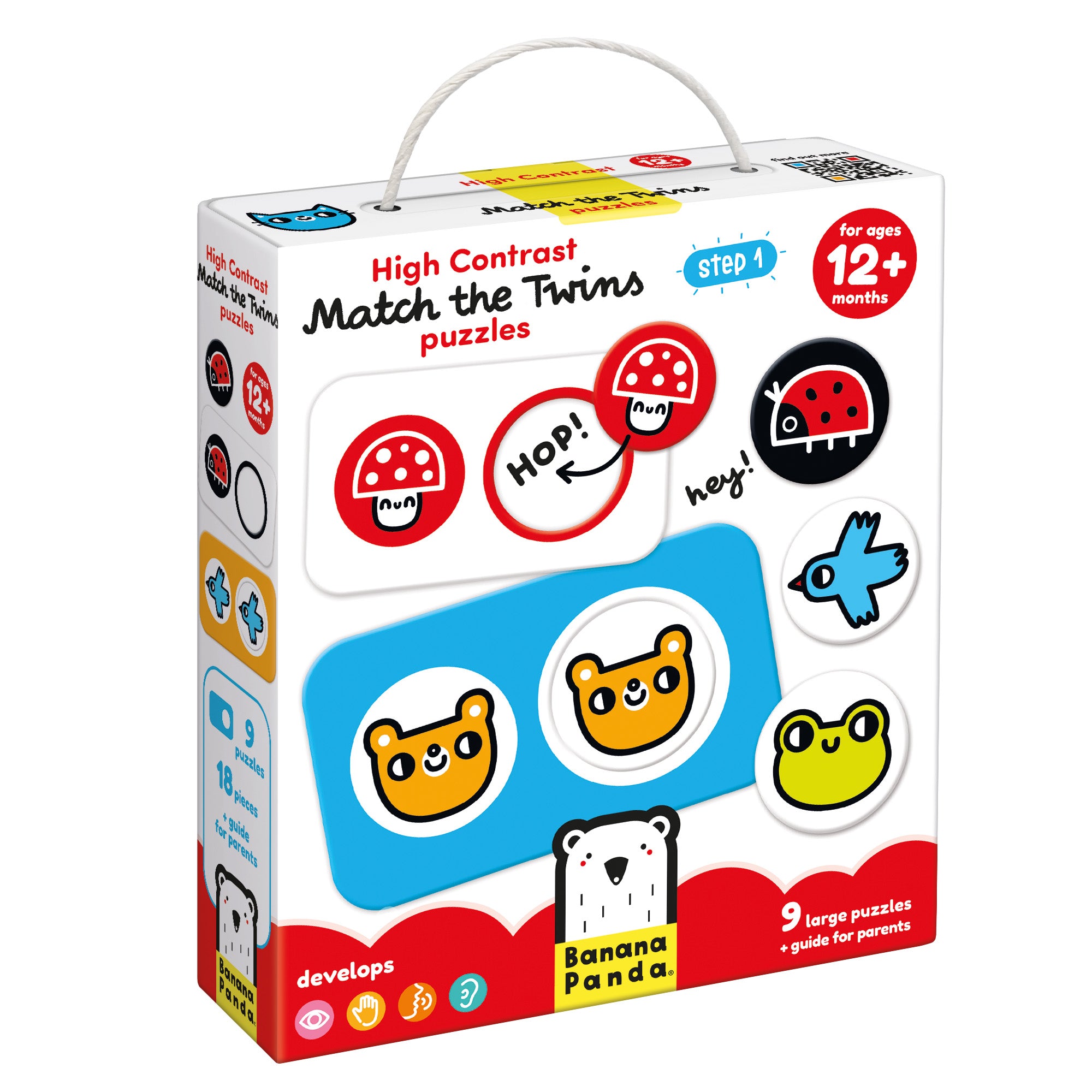 Embalagem dos Banana Panda 9 Puzzles de Alto Contraste Encontra o Par, com foco nos benefícios de desenvolvimento e idade recomendada 12+ meses, incluindo um guia para pais.