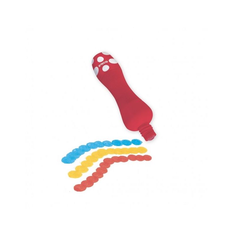 Um marcador vermelho Djeco com ponta de esponja, deitado ao lado de traços de tinta azul, amarela e vermelha, num fundo branco.