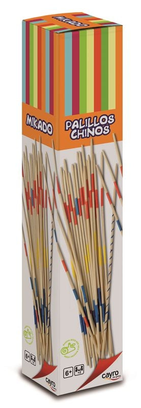 Caixa vertical e colorida do jogo Mikado da Cayro, exibindo os paus de madeira com riscas coloridas e o logótipo da marca.