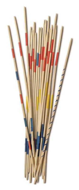 Conjunto de paus de madeira do jogo Mikado, com marcações vermelhas, azuis, amarelas e padronizadas, dispostos sobre um fundo branco.