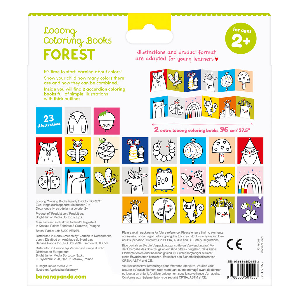 Parte traseira da embalagem Banana Panda "Looong Coloring Books Forest", mostrando diversas ilustrações, dimensões de 96cm e informações do produto.