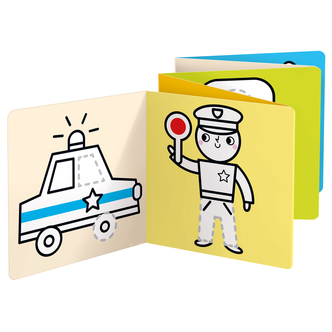Embalagem do conjunto Banana Panda "Looong Coloring Books Vehicles at Work" para maiores de 3 anos, mostrando um carro da polícia e ícones de desenvolvimento.