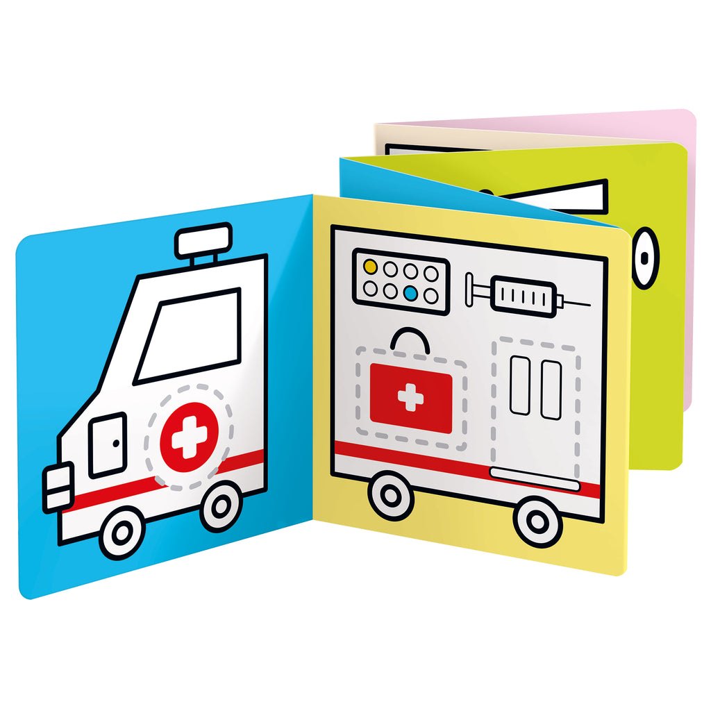 Um dos livros de pintar extra-longos Banana Panda aberto, mostrando ilustrações de uma ambulância e equipamento médico.