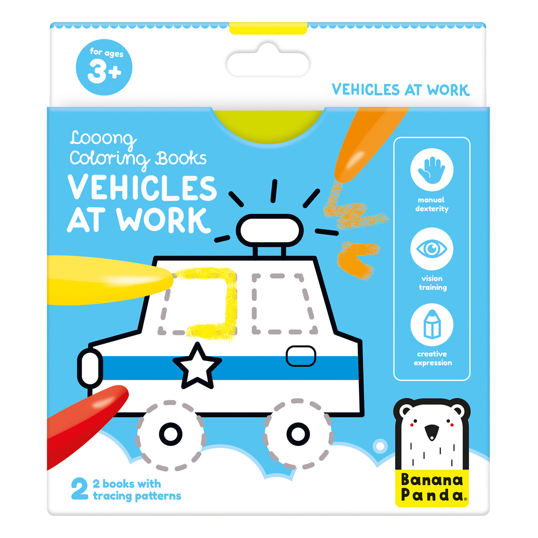 Embalagem do conjunto Banana Panda "Looong Coloring Books Vehicles at Work" para maiores de 3 anos, mostrando um carro da polícia e ícones de desenvolvimento.
