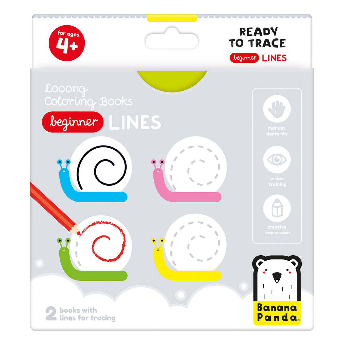 Embalagem frontal dos livros de pintar Banana Panda "Beginner Lines", com caracóis coloridos e ícones de desenvolvimento da motricidade e criatividade.