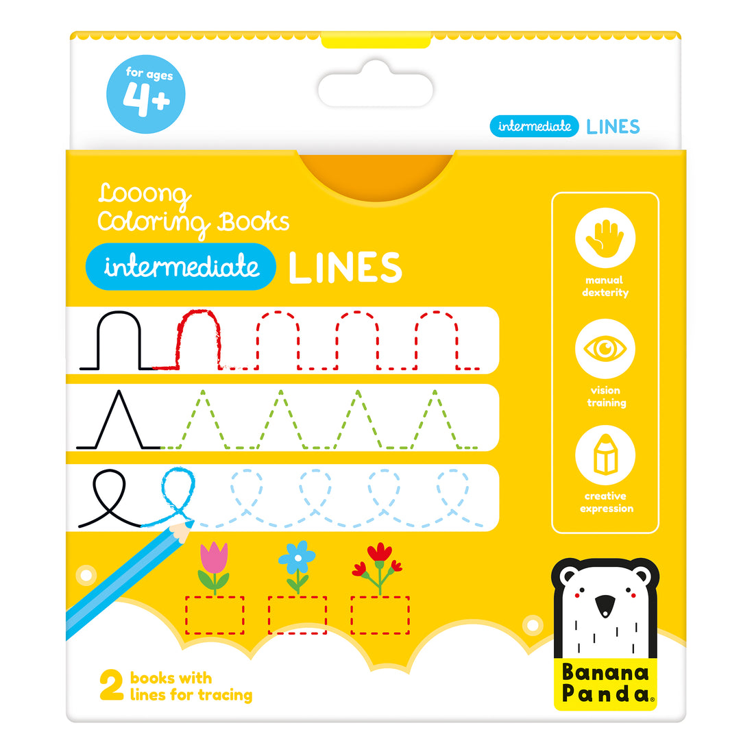 Embalagem dos Banana Panda 2 Livros de Pintar Extra Longos 96cm (TRACEJADOS 4 anos), amarela, com exemplos de linhas para traçar e ícones de benefícios como destreza manual e expressão criativa.