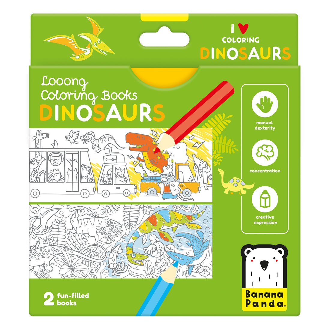 Embalagem frontal dos livros de pintar Banana Panda Dinossauros, com ilustrações e ícones de benefícios.