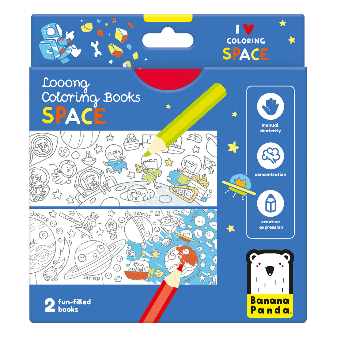 Embalagem frontal do conjunto Banana Panda 2 Livros de Pintar Extra Longos 96cm com tema espacial, mostrando ilustrações de astronautas e planetas, e ícones de benefícios como destreza e concentração.