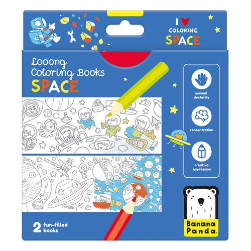 Embalagem frontal do conjunto Banana Panda 2 Livros de Pintar Extra Longos 96cm com tema espacial, mostrando ilustrações de astronautas e planetas, e ícones de benefícios como destreza e concentração.