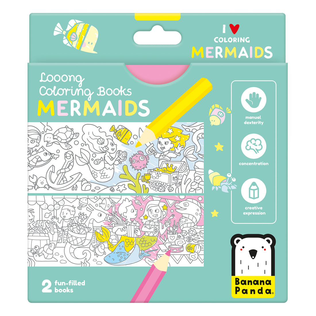 Embalagem dos livros de pintar Banana Panda Sereias, destacando a capa com ilustrações de sereias e ícones de desenvolvimento como destreza manual e concentração.
