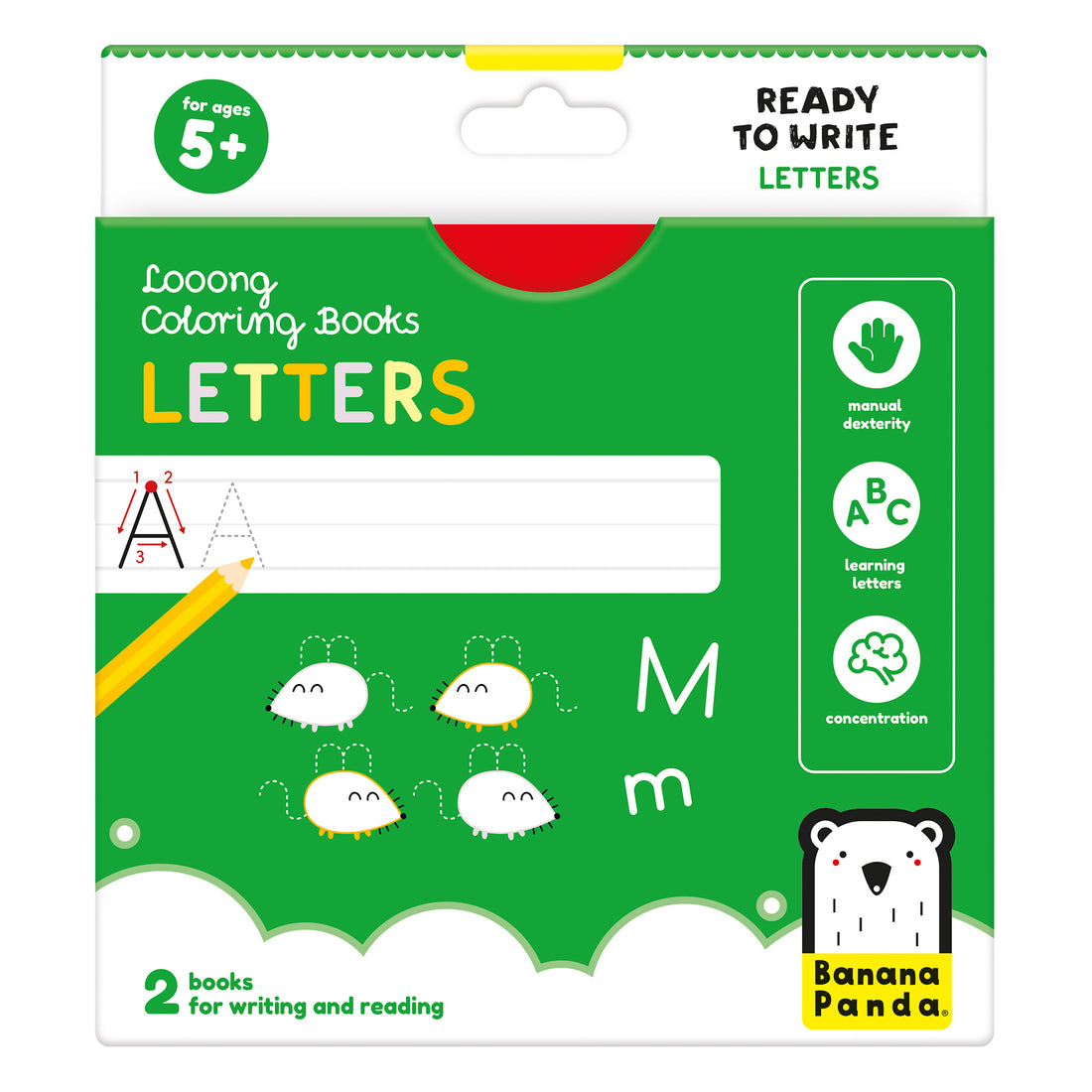 Embalagem frontal dos livros de pintar extra longos Banana Panda LETRAS, para idades 5+, mostrando exemplos de traçado de letras e ícones de benefícios.