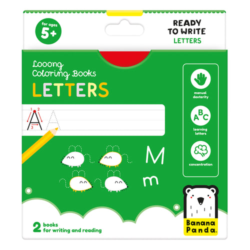 Embalagem frontal dos livros de pintar extra longos Banana Panda LETRAS, para idades 5+, mostrando exemplos de traçado de letras e ícones de benefícios.