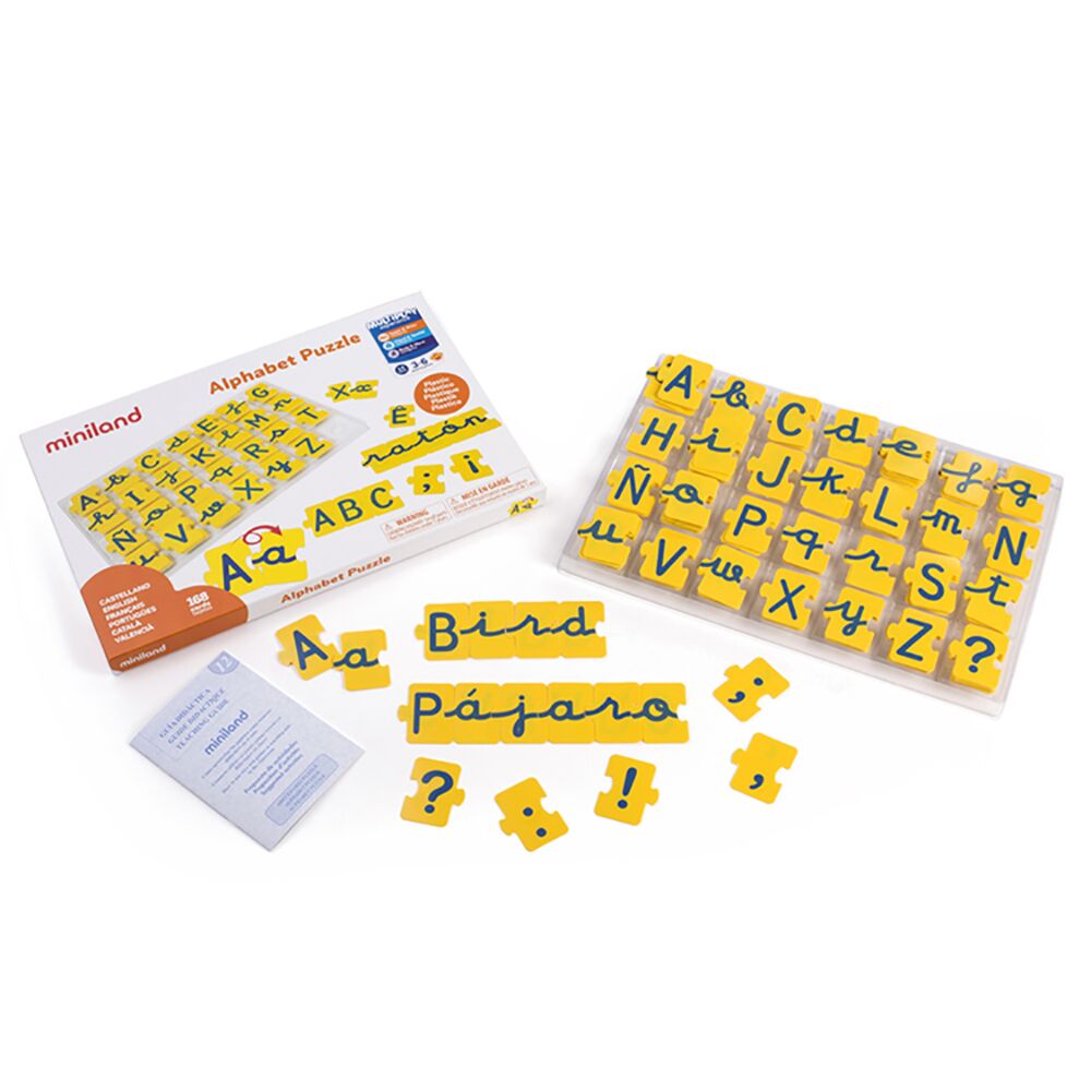 Conjunto completo do Miniland Alfabeto Abecedário 168 peças, incluindo a caixa, tabuleiro organizador e peças soltas com letras.