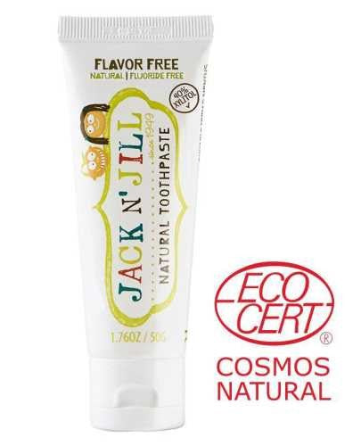 Tubo de pasta de dentes Jack n' Jill sem sabor, com selo ECO CERT COSMOS NATURAL, indicando 40% de Xilitol.