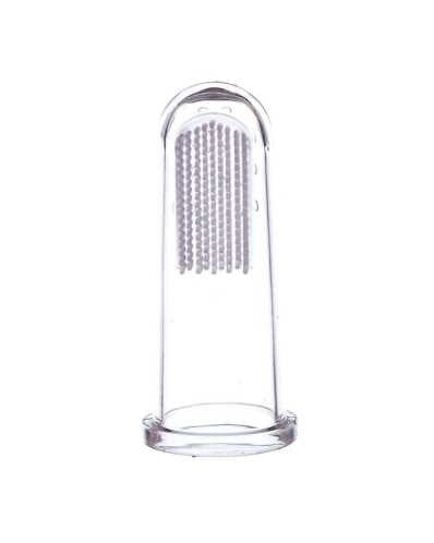 Dedeira de silicone transparente com cerdas macias, vista de perto.