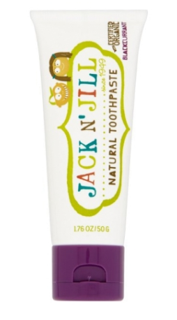 Tubo de pasta de dentes natural Jack n' Jill sabor Groselha-preta, com tampa roxa e informações de peso (50g).