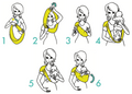 Ilustrações passo a passo mostrando como usar o porta-bebés Aquabulle. As etapas incluem ajustar o porta-bebés no ombro, posicionar o bebé de forma segura e garantir que o tecido esteja corretamente colocado para suporte ideal.