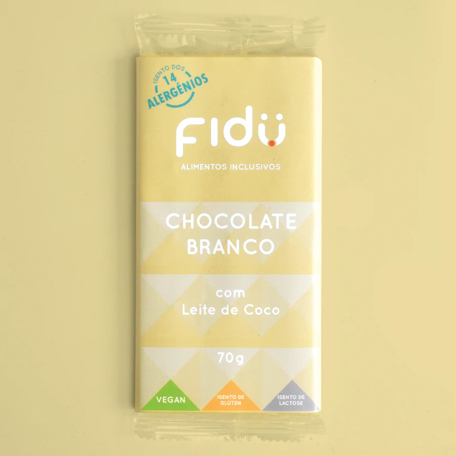 Embalagem frontal do Fidu Chocolate Branco com Leite de Coco 70gr, destacando "Isento dos 14 Alergénios", "Vegan", "Isento de Glúten" e "Isento de Lactose".