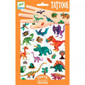 Embalagem das tatuagens Djeco 50 Dinossauros, mostrando uma mão ilustrada com tatuagens aplicadas e várias ilustrações coloridas de dinossauros.
