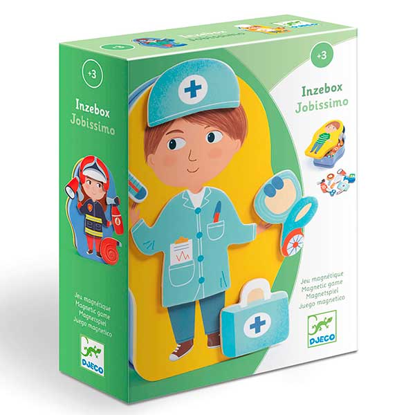 Embalagem verde do jogo magnético Djeco Inzebox Jobissimo, mostrando uma ilustração de uma criança vestida de médico e outra de bombeiro.