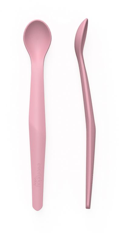 Colher de silicone rosa da Everyday Baby, vista frontal (cabeça redonda) e vista lateral (perfil curvo).