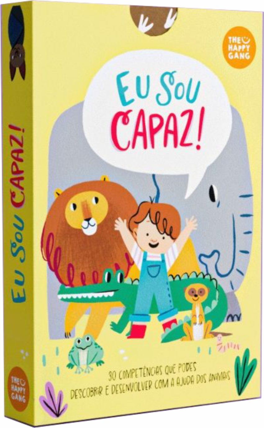 Embalagem dos Cartões Eu sou CAPAZ! da THE HAPPY GANG, com ilustrações de criança e animais (leão, crocodilo, elefante) e texto "EU SOU CAPAZ!".
