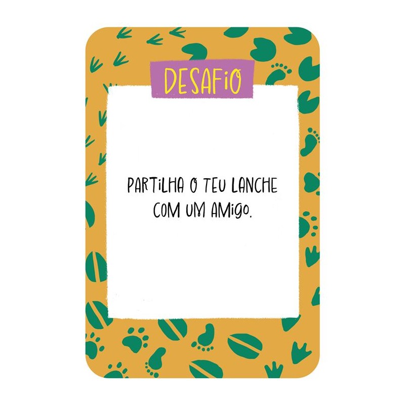 Cartão do jogo "Eu sou CAPAZ!" com a palavra "DESAFIO" e a instrução "PARTILHA O TEU LANCHE COM UM AMIGO.", rodeado por pegadas de animais.