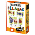 Caixa do jogo Headu Fábrica das Sílabas, mostrando o título, o intervalo etário 4-7 e exemplos de peças de sílabas (CA, VA, LO, GO, RI, LA) para formar nomes de animais.