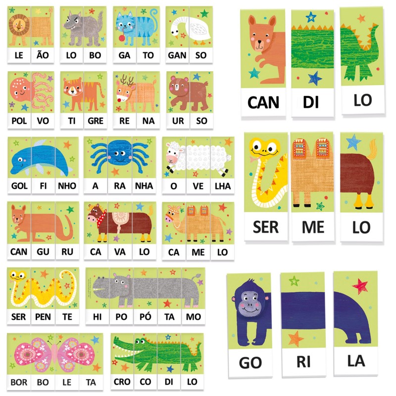 Conjunto de peças de puzzle de sílabas do jogo Headu Fábrica das Sílabas, exibindo várias combinações de animais (leão, lobo, ganso, canguru, hipopótamo, etc.) formadas pela união de três sílabas.