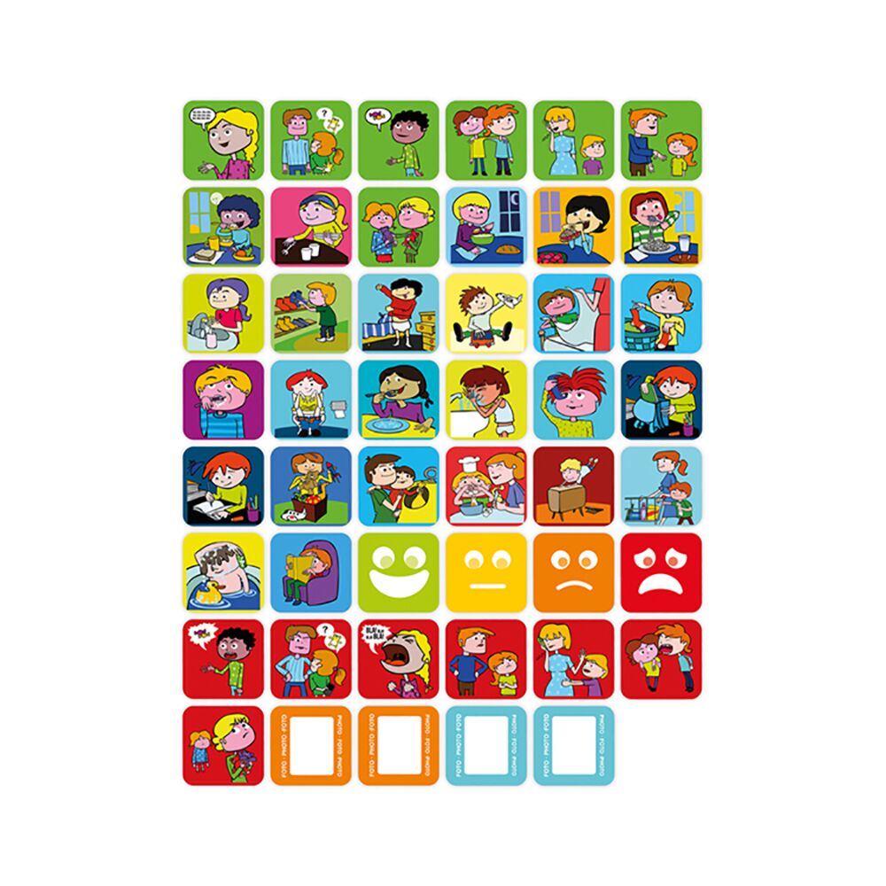 Vista detalhada dos 36 cartões ilustrados do Miniland Jogo Educativo de Sequências Rotinas Diárias, mostrando diversas atividades e expressões faciais.
