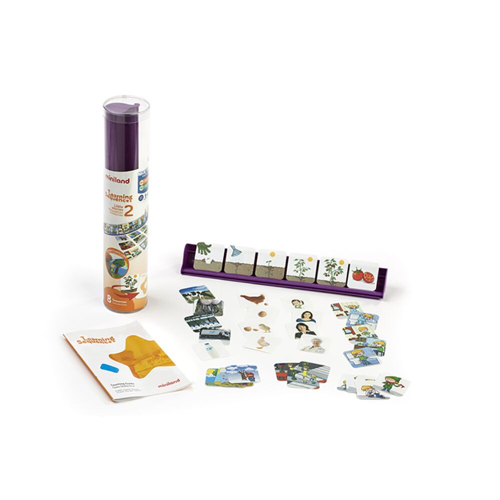 Conteúdo completo do Miniland Jogo Educativo de 8 Sequências: embalagem, suporte roxo e todas as cartas.