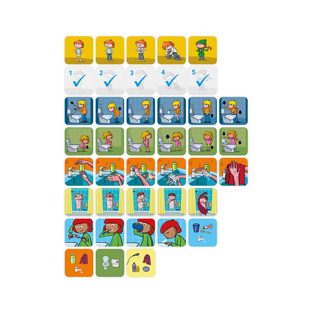 Vista detalhada de todos os cartões ilustrados do jogo Miniland Hábitos de Higiene, organizados por sequências como ir à casa de banho, lavar as mãos e escovar os dentes.