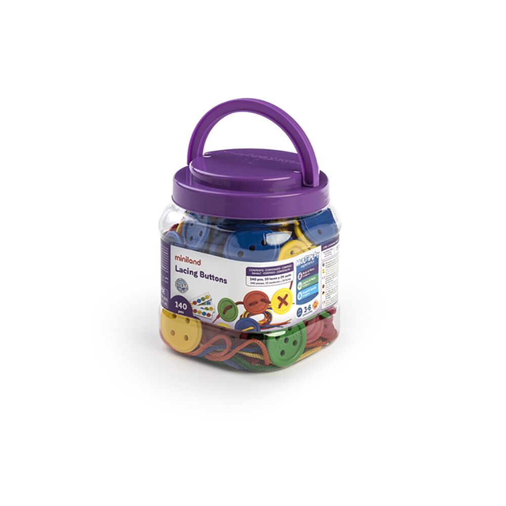Embalagem do Miniland Jogo de Enfiar Botões 140 peças, um frasco transparente com tampa e asa roxas.