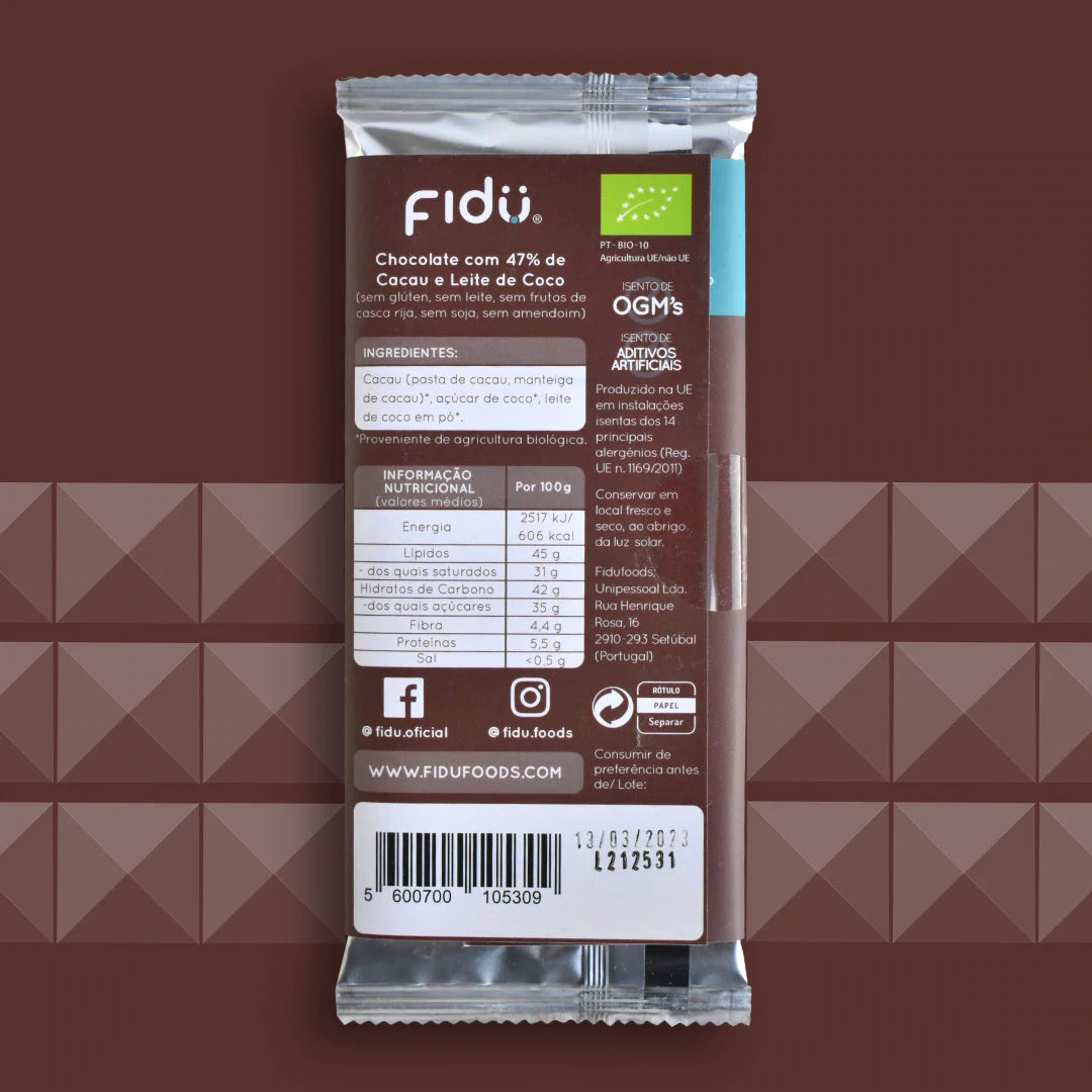 Fidu Chocolate com leite de coco 47% cacau BIO 70gr