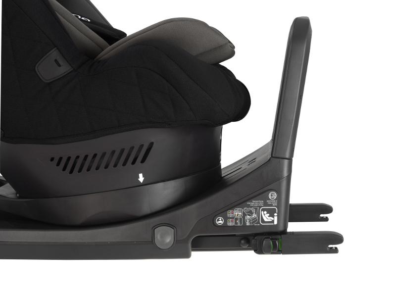 Close-up da base ISOFIX da cadeira auto Norr, mostrando o sistema de instalação e perna estabilizadora.
