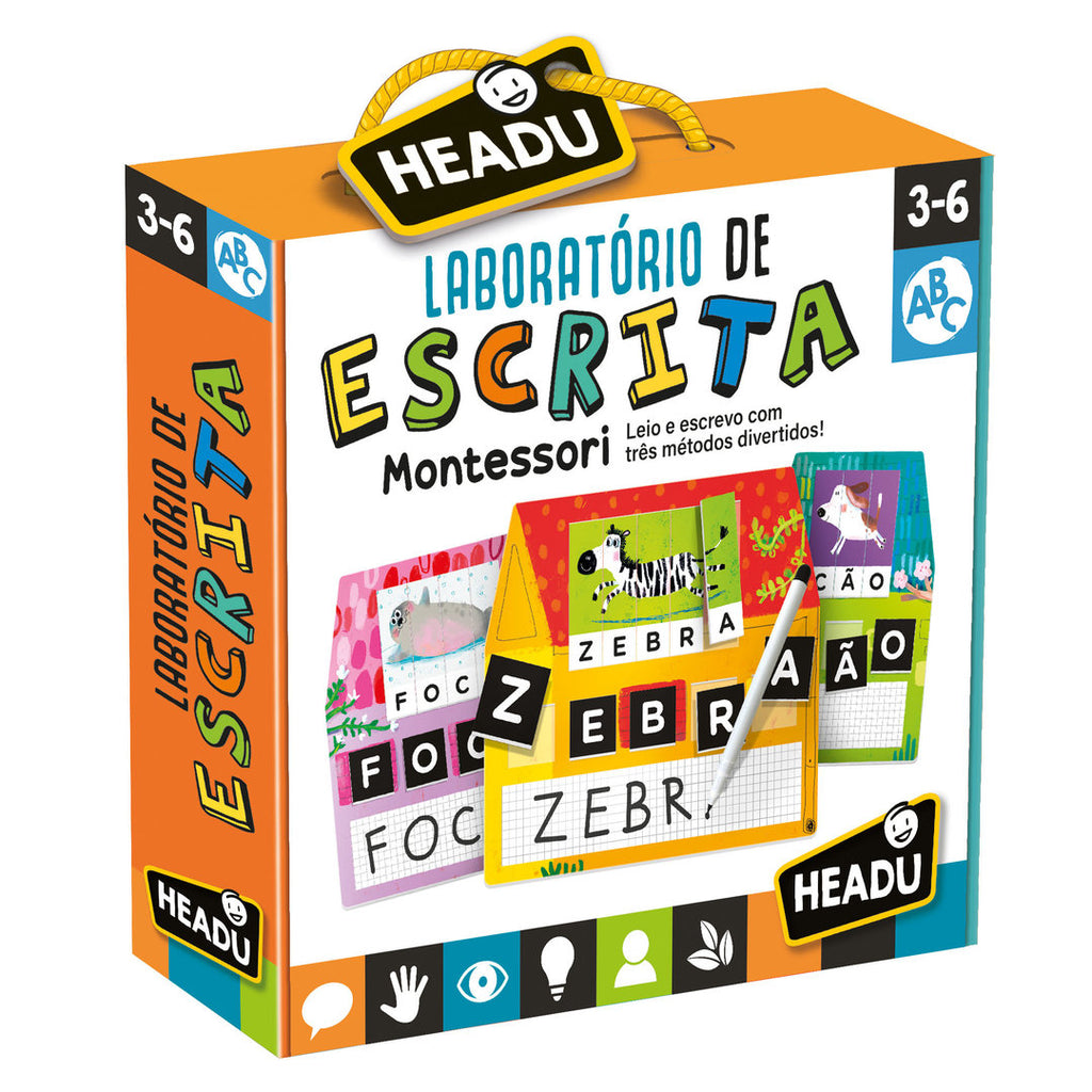 Caixa do jogo Headu Laboratório de Escrita em Português, mostrando o título, a faixa etária (3-6) e exemplos de puzzles de palavras como "ZEBRA" e "CÃO".