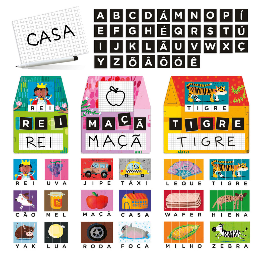 Componentes do jogo Headu Laboratório de Escrita, incluindo letras do alfabeto português, cartões de palavras (CASA, REI, MAÇÃ, TIGRE) e o marcador.