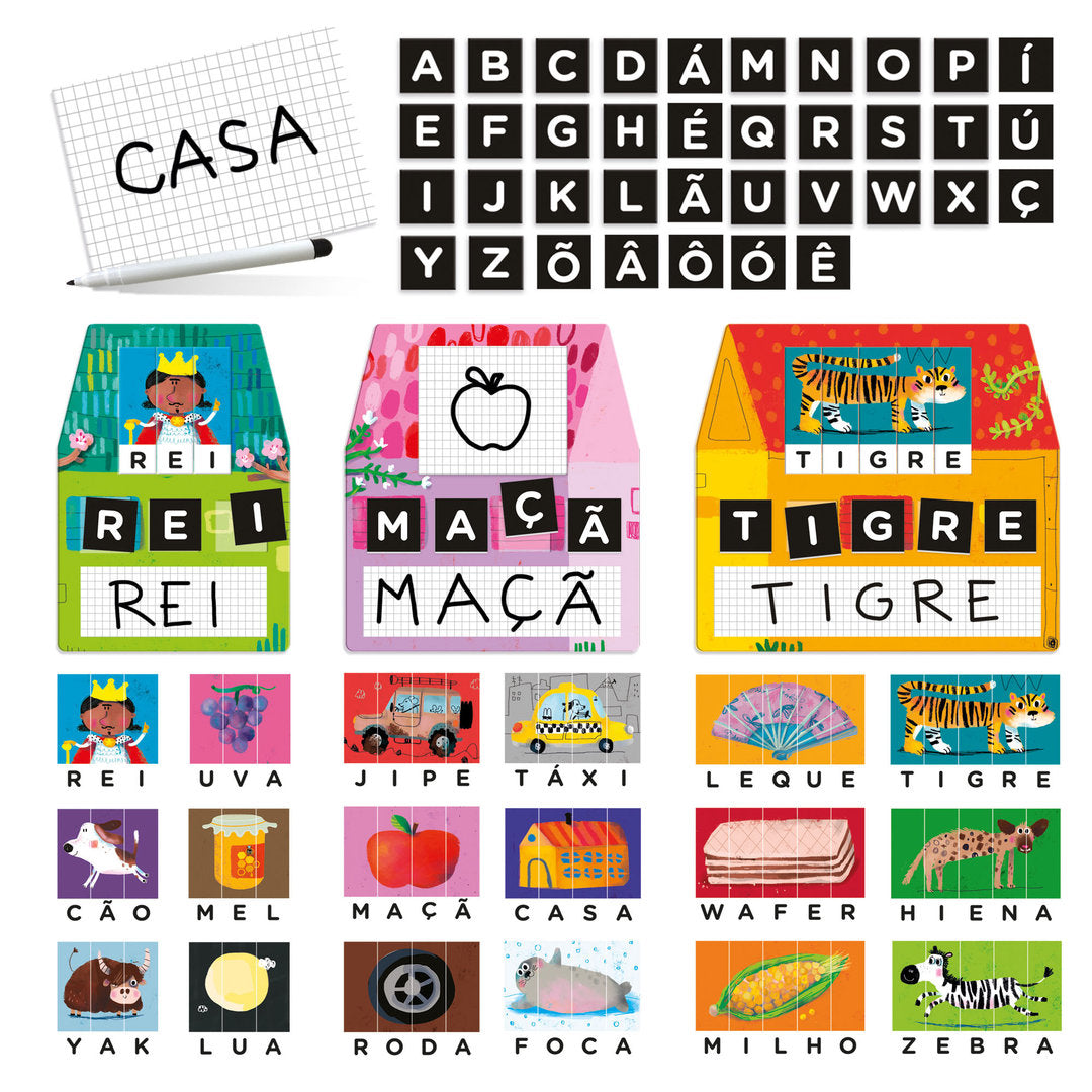 Componentes do jogo Headu Laboratório de Escrita, incluindo letras do alfabeto português, cartões de palavras (CASA, REI, MAÇÃ, TIGRE) e o marcador.